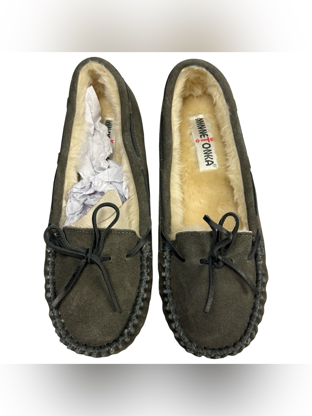 Minnetonka Cally gray Suede Faux Fur Lined Moccasin Slipper Shoes Women's Size 8